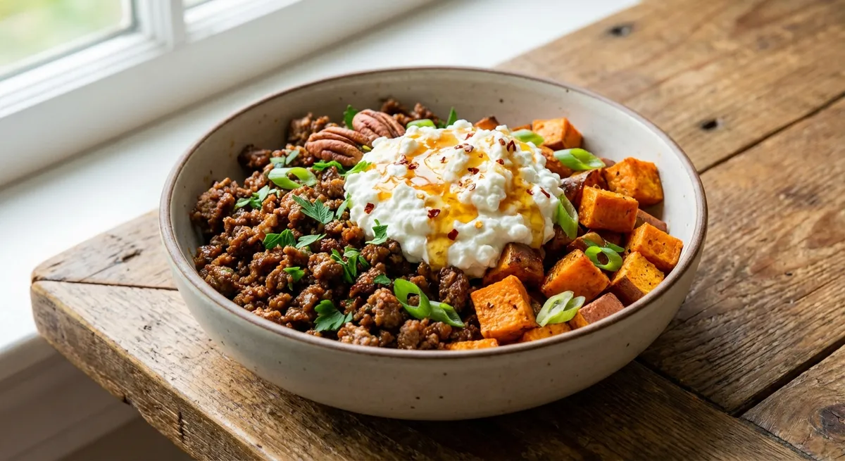 Hot Honey Cottage Cheese Sweet Potato Beef Bowl
